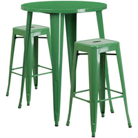 30'' Round Green Metal Indoor-Outdoor Bar Table Set with 2 Square Seat Backless Barstools (CH-51090BH-2-30SQST-GN-GG)-Indoor Outdoor Sets