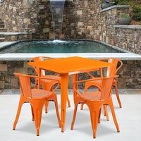 Flash Furniture 31.5'' Square Orange Metal Indoor-Outdoor Table Set with 4 Arm Chairs (ET-CT002-4-70-OR-GG)-Galvanized Steel, Metal, Rubber