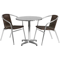 Flash Furniture 27.5" Round Aluminum Indoor-Outdoor Table Set with 2 Dark Brown Rattan Chairs-Table and Chair Set