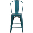 Flash Furniture 24" High Distressed Kelly Blue-Teal Metal Indoor-Outdoor Counter Height Stool with Back-Bistro Style Counter Stool