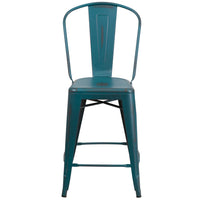 Flash Furniture 24" High Distressed Kelly Blue-Teal Metal Indoor-Outdoor Counter Height Stool with Back-Bistro Style Counter Stool