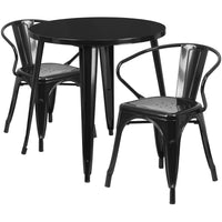 30'' Round Black Metal Indoor-Outdoor Table Set with 2 Arm Chairs (CH-51090TH-2-18ARM-BK-GG)-Indoor Outdoor Sets