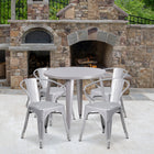 30'' Round Silver Metal Indoor-Outdoor Table Set with 4 Arm Chairs (CH-51090TH-4-18ARM-SIL-GG)-30"W x 30"D x 29.50"H