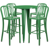 30'' Round Green Metal Indoor-Outdoor Bar Table Set with 4 Vertical Slat Back Barstools [CH-51090BH-4-30VRT-GN-GG]-Metal Cafe Bar Table