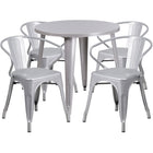 30'' Round Silver Metal Indoor-Outdoor Table Set with 4 Arm Chairs (CH-51090TH-4-18ARM-SIL-GG)-Indoor Outdoor Sets