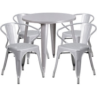 30'' Round Silver Metal Indoor-Outdoor Table Set with 4 Arm Chairs (CH-51090TH-4-18ARM-SIL-GG)-Indoor Outdoor Sets