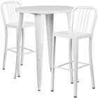 30'' Round White Metal Indoor-Outdoor Bar Table Set with 2 Vertical Slat Back Barstools [CH-51090BH-2-30VRT-WH-GG]-Metal Cafe Bar Table
