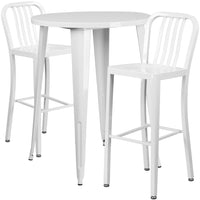 30'' Round White Metal Indoor-Outdoor Bar Table Set with 2 Vertical Slat Back Barstools [CH-51090BH-2-30VRT-WH-GG]-Metal Cafe Bar Table