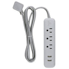Globe 6' Designer Series 3-Outlet Power Strip, 2x USB Ports, Grey-3 outlets