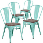 Flash Furniture Mint Green Metal Stackable Chair with Wood Seat-Set of 4 Stackable Bistro Style Chairs