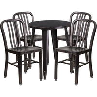 24'' Round Black-Antique Gold Metal Indoor-Outdoor Table Set with 4 Vertical Slat Back Chairs [CH-51080TH-4-18VRT-BQ-GG]-Metal Cafe Table
