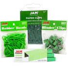 JAM Paper Desk Supply Assortment Pack, 1 pack Rubber Bands, Binder Clips, Staples, Paperclips, Green, 4/pack (3345GRASRTD)-Assortment of Four Different Green Desk Supplies