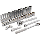 Dynamic Tools 3/8" Drive 35 Piece 6 Point, Standard/Deep Metric Socket Set, 6mm - 20mm-Contains: 15 Standard Metric Sockets: 6, 7, 8, 9, 10, 11, 12, 13, 14, 15, 16, 17, 18, 19, 20mm, 15 Deep Metric Sockets: 6, 7, 8, 9, 10, 11, 12, 13, 14, 15, 16, 17, 18, 19, 20mm, 3" Extension, 6" Extension, Universal Joint, 8" Flex Handle, 45 Tooth Chrome Ratchet