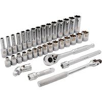 Dynamic Tools 3/8" Drive 35 Piece 6 Point, Standard/Deep Metric Socket Set, 6mm - 20mm-Contains: 15 Standard Metric Sockets: 6, 7, 8, 9, 10, 11, 12, 13, 14, 15, 16, 17, 18, 19, 20mm, 15 Deep Metric Sockets: 6, 7, 8, 9, 10, 11, 12, 13, 14, 15, 16, 17, 18, 19, 20mm, 3" Extension, 6" Extension, Universal Joint, 8" Flex Handle, 45 Tooth Chrome Ratchet