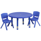Flash Furniture 33" Round Blue Plastic Height Adjustable Activity Table Set with 2 Chairs-Multipurpose Kids Table Set