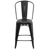 Flash Furniture 24" High Distressed Black Metal Indoor-Outdoor Counter Height Stool with Back-Bistro Style Counter Stool