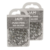 JAM Paper Push Pins, Shiny Silver Pushpins, 2 Packs of 100, 200 Total (222419054a)-Silver Plastic with Metal Point