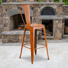 Flash Furniture 30" High Distressed Orange Metal Indoor-Outdoor Barstool with Back-Cross Brace under seat provides extra stability