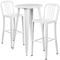 24'' Round White Metal Indoor-Outdoor Bar Table Set with 2 Vertical Slat Back Barstools [CH-51080BH-2-30VRT-WH-GG]-Round Metal Bar Set