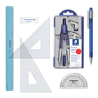Staedtler 7 Piece Super Math Set-Contains: 6" compass, 12" ruler, two 6" set squares, 4 inch protractor, large eraser and .5mm pencil