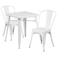 Flash Furniture 23.75" Square White Metal Indoor-Outdoor Table Set with 2 Stack Chairs-Table and Chair Set