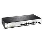 D-Link Websmart 10-Port Gigabit Switch with 8 ports and 2 SFP Ports-Management options for the DGS-1210-10 include SNMP, Web Management, D-Link Network Assistant Utility, and Compact Command Lines