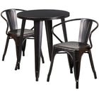 24'' Round Black-Antique Gold Metal Indoor-Outdoor Table Set with 2 Arm Chairs (CH-51080TH-2-18ARM-BQ-GG)-Indoor Outdoor Sets