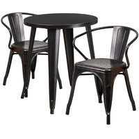 24'' Round Black-Antique Gold Metal Indoor-Outdoor Table Set with 2 Arm Chairs (CH-51080TH-2-18ARM-BQ-GG)-Indoor Outdoor Sets