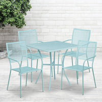 28'' Square Sky Blue Indoor-Outdoor Steel Patio Table Set with 4 Square Back Chairs [CO-28SQ-02CHR4-SKY-GG]-Set Includes Table and 4 Chairs