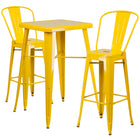 Flash Furniture 23.75" Square Yellow Metal Indoor-Outdoor Bar Table Set with 2 Stools with Backs-Bar Height Table and Stool Set