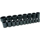 19douilles 3/8 à 11/2po à 12pans, prise 1/2po-1