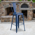 Flash Furniture Commercial Grade 30" High Distressed Antique Metal Indoor-Outdoor Barstool with Back - Blue-Floor Protector Rubber Glides