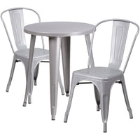 24'' Round Silver Metal Indoor-Outdoor Table Set with 2 Cafe Chairs [CH-51080TH-2-18CAFE-SIL-GG]-Metal Cafe Table