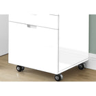 Monarch Specialties 7583 3-Drawer Filing Cabinet - High Glossy White-Ample surface space for use as a printer stand, the file cabinet on wheels (2 locking, 2 non-locking) boasts a thick panel construction along with smooth drawer glides
