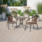 Flash Furniture 28" Round Glass Metal Table with Dark Brown Rattan Edging & 2 Dark Brown Rattan Stack Chairs-Designed for Commercial and Residential Use