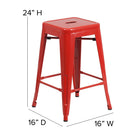 Flash Furniture 24" High Backless Red Metal Indoor-Outdoor Counter Height Stool with Square Seat-Drain Hole in Seat