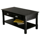 Winsome Timber Coffee Table, Drawers/Shelf, Black-2 storage Drawers and open shelf; paneled sides and simple carved legs