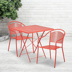 28'' Square Coral Indoor-Outdoor Steel Folding Patio Table Set with 2 Round Back Chairs [CO-28SQF-03CHR2-RED-GG]-Set Includes Folding Table and 2 Chairs