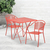 28'' Square Coral Indoor-Outdoor Steel Folding Patio Table Set with 2 Round Back Chairs [CO-28SQF-03CHR2-RED-GG]-Set Includes Folding Table and 2 Chairs