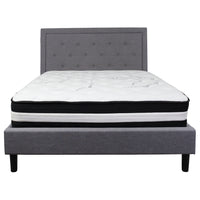 Flash Furniture Roxbury Queen Size Tufted Upholstered Platform Bed with Pocket Spring Mattress - Light Grey Fabric-Queen Platform Bed and Mattress Set