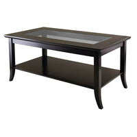 Winsome Genoa Rectangular Coffee Table, Glass Inset, One Shelf, Espresso-Genoa Rectangular Coffee Table with Glass inset and shelf.   Overall table size is 18" H. x 40" W. x 22.28" D.  Table top size is 40" W. x 22.28" D., Tempered Glass size is 30.43" W. x 12.48" D.  Shelf size is 36.85" W. x 19.13" D.  Wood is made with combination of solid and composite wood in dark espresso finish.  Assembly Required.