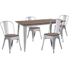 Flash Furniture 30.25" x 60" Silver Metal Table Set with Wood Top and 4 Stack Chairs-Silver/Galvanized Steel, Metal, Plastic, Rubber, Wood
