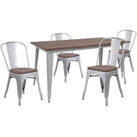 Flash Furniture 30.25" x 60" Silver Metal Table Set with Wood Top and 4 Stack Chairs-Silver/Galvanized Steel, Metal, Plastic, Rubber, Wood