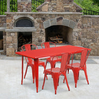Flash Furniture 31.5'' x 63'' Rectangular Red Metal Indoor-Outdoor Table Set with 4 Stack Chairs (ET-CT005-4-30-RED-GG)-Galvanized Steel, Metal, Rubber