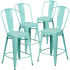 Flash Furniture Commercial Grade 24" High Mint Green Metal Indoor-Outdoor Counter Height Stool with Back-Curved Back with Vertical Slat