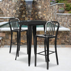 30'' Round Black Metal Indoor-Outdoor Bar Table Set with 2 Vertical Slat Back Barstools [CH-51090BH-2-30VRT-BK-GG]-30"W x 30"D x 41"H