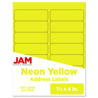 JAM Paper Rectangular Shipping Address Labels - 1-1/3" x 4" - Neon Yellow - 126 Pack -English only packaging