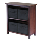 Winsome Verona 2-Section M Storage Shelf with 4 Foldable Black Fabric Baskets, Antique Walnut-This storage shelf comes with 4 foldable black fabric baskets.