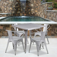Flash Furniture 31.5'' Square Silver Metal Indoor-Outdoor Table Set with 4 Arm Chairs (ET-CT002-4-70-SIL-GG)-Galvanized Steel, Metal, Rubber