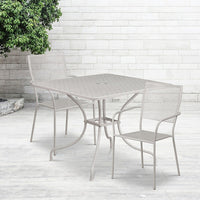 35.5'' Square Light Grey Indoor-Outdoor Steel Patio Table Set with 2 Square Back Chairs [CO-35SQ-02CHR2-SIL-GG]-Set Includes Table and 2 Chairs